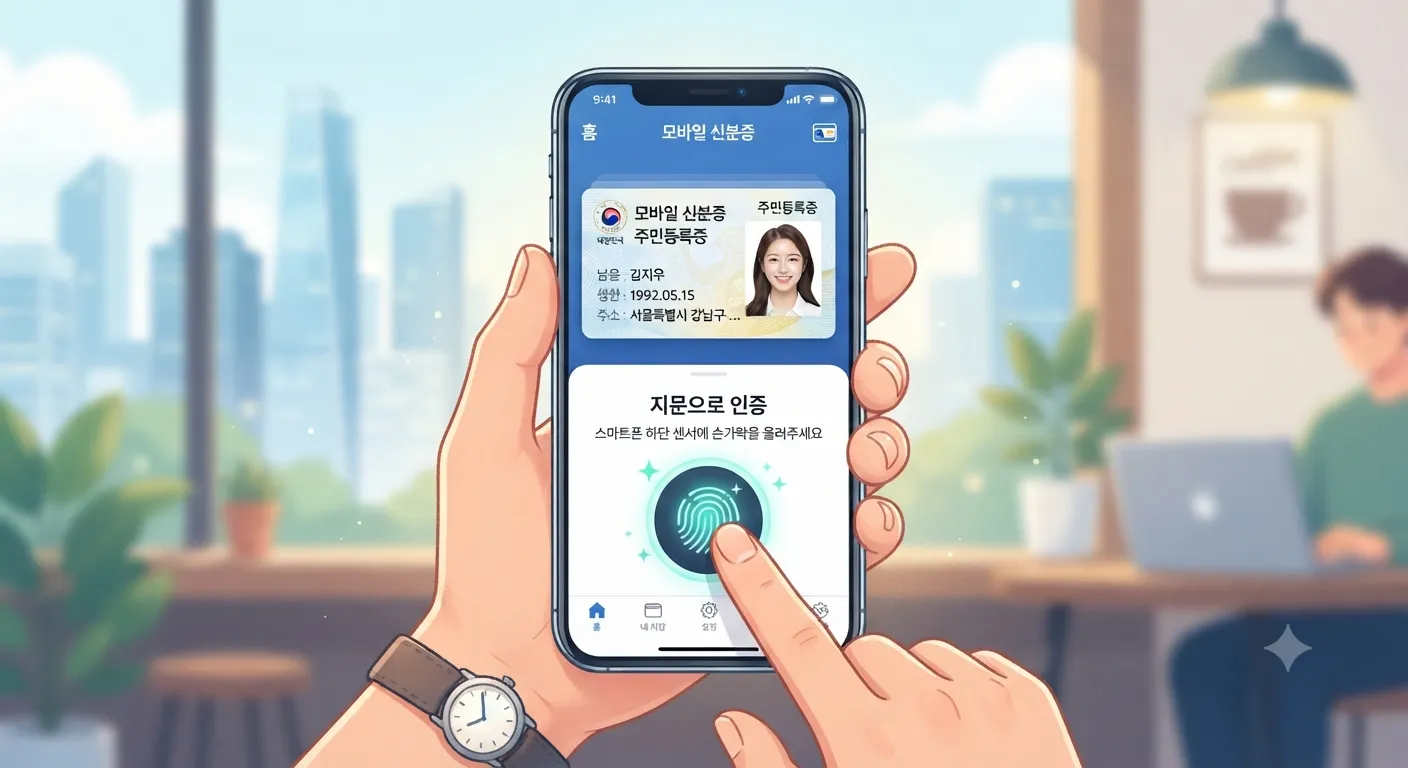 스마트폰 화면에 전자신분증 앱 아이콘과 간단한 인증 과정(지문 또는 OTP)을 나타낸 일러스트