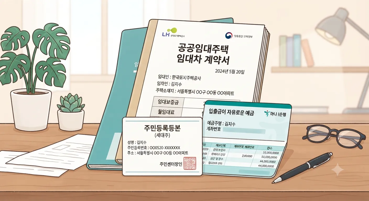 공공임대 계약서와 서류가 정리된 간단한 일러스트(계약서, 주민등록등본, 통장)