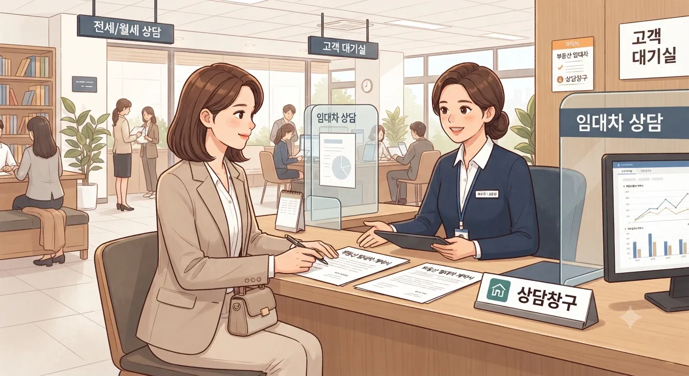 상담창구에서 상담받는 임차인 일러스트(창구 직원과 차림새가 깔끔한 장면)