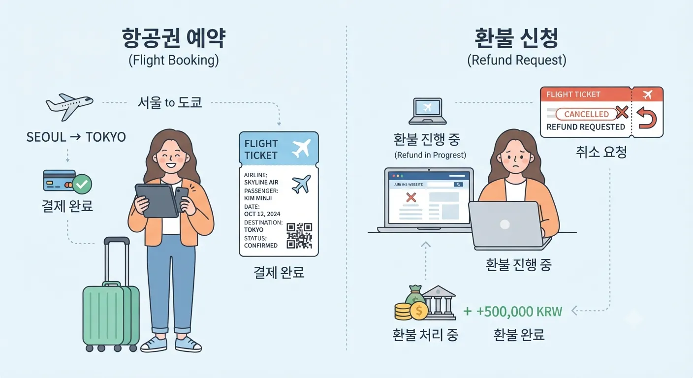 항공권과 환불 신청을 설명하는 간단한 일러스트