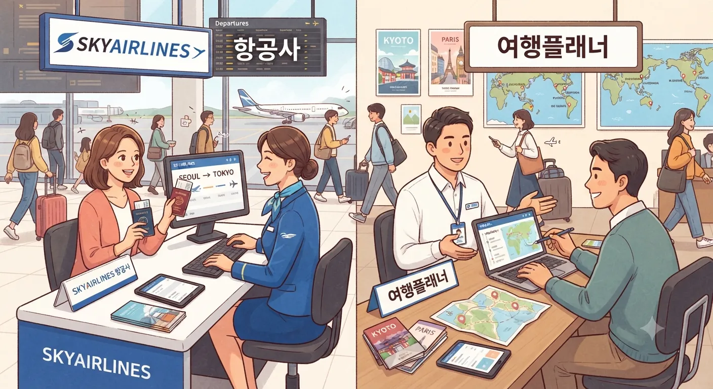 항공사와 여행사에 문의하는 상황을 나타낸 일러스트
