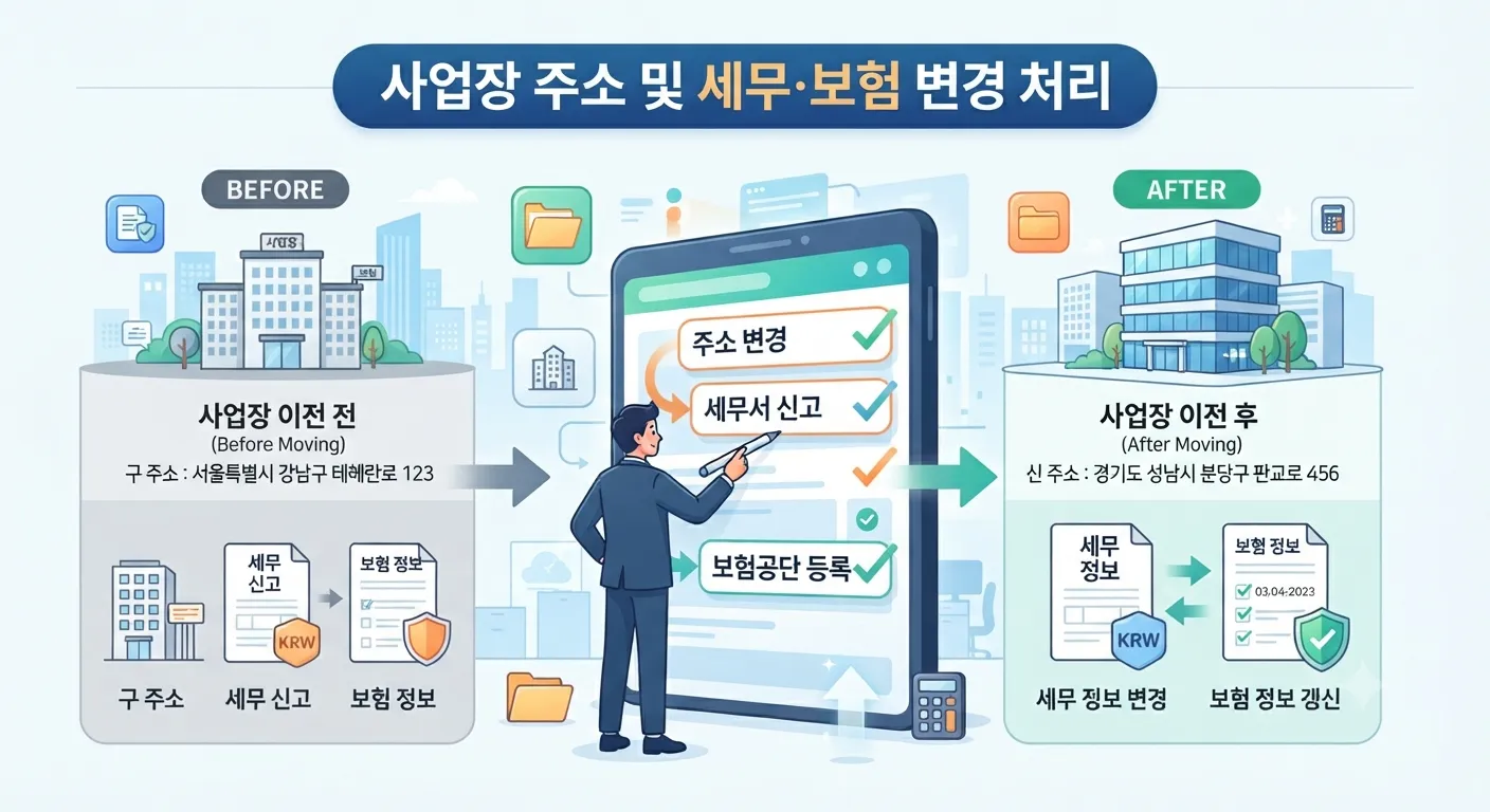사업장 주소와 세무·보험 정보 변경을 나타내는 개념 일러스트