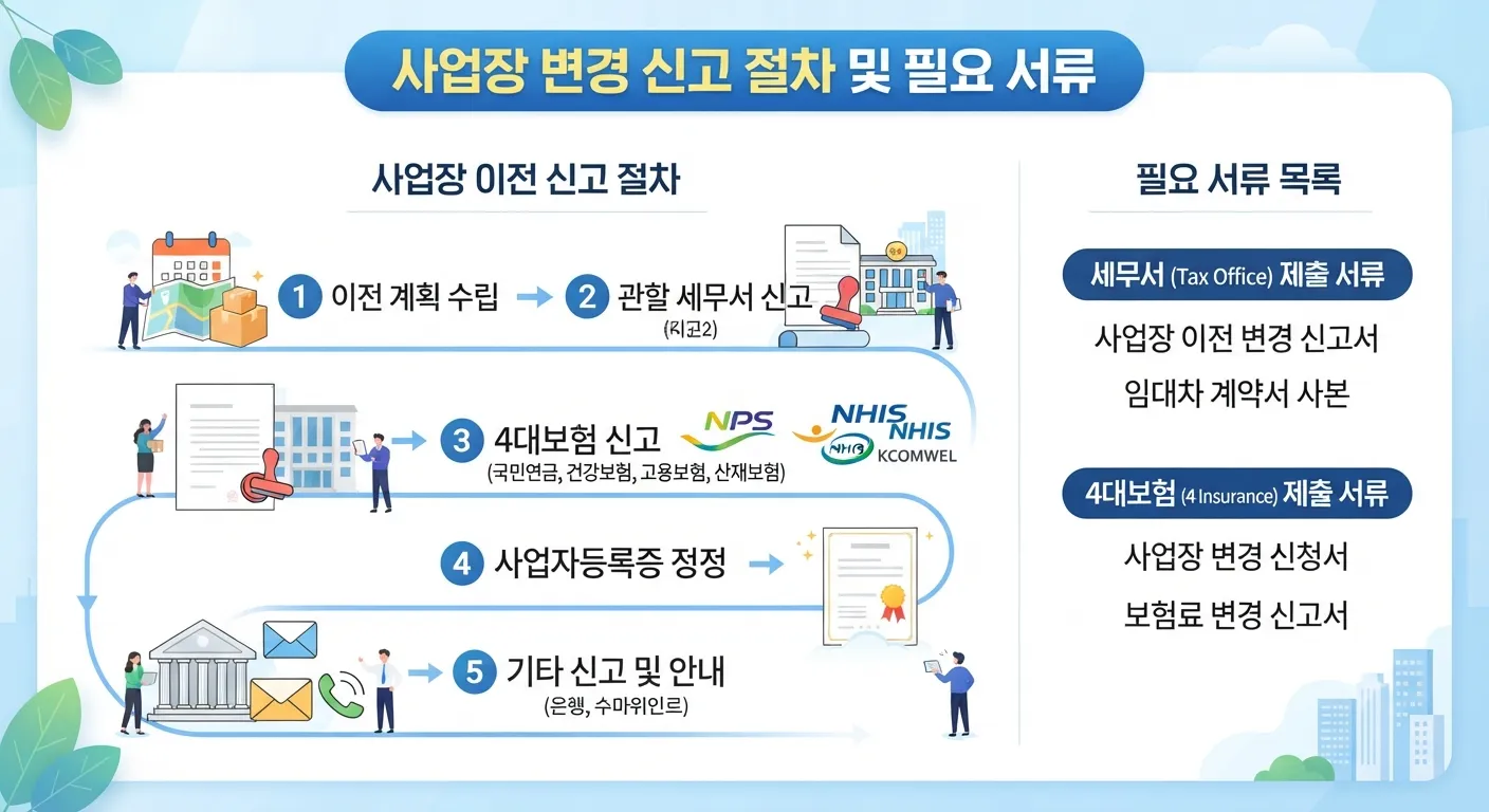 사업장 변경 신고 절차와 필요한 서류를 나타내는 개념 일러스트