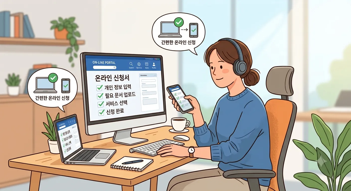 신청서류를 정리해 책상 위에 올려놓은 간단한 일러스트(서류 더미, 통장, 신분증이 함께 보이는 단순한 구성)