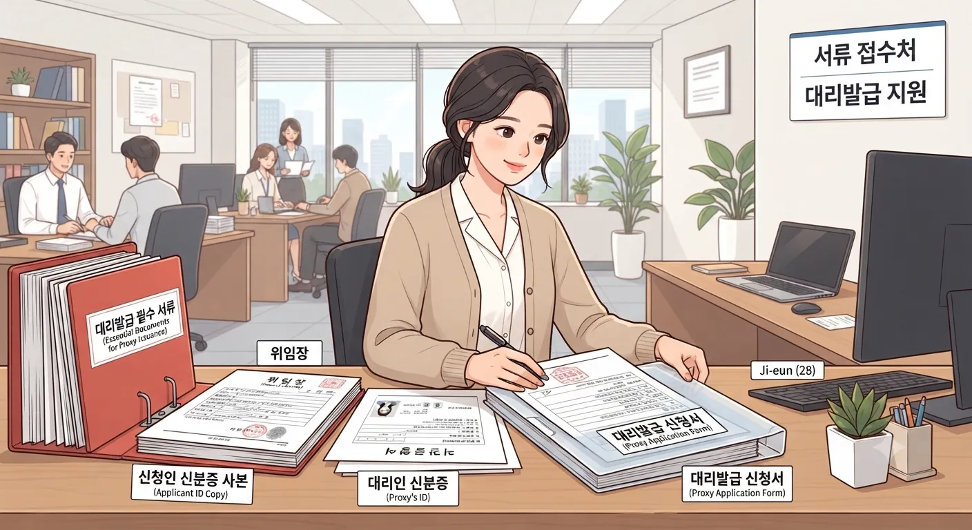 대리발급에 필요한 서류를 정리하는 사람 일러스트