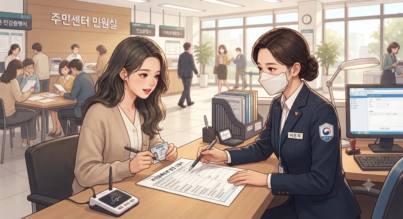 주민센터 창구에서 서류를 확인하는 장면 콘셉트 일러스트