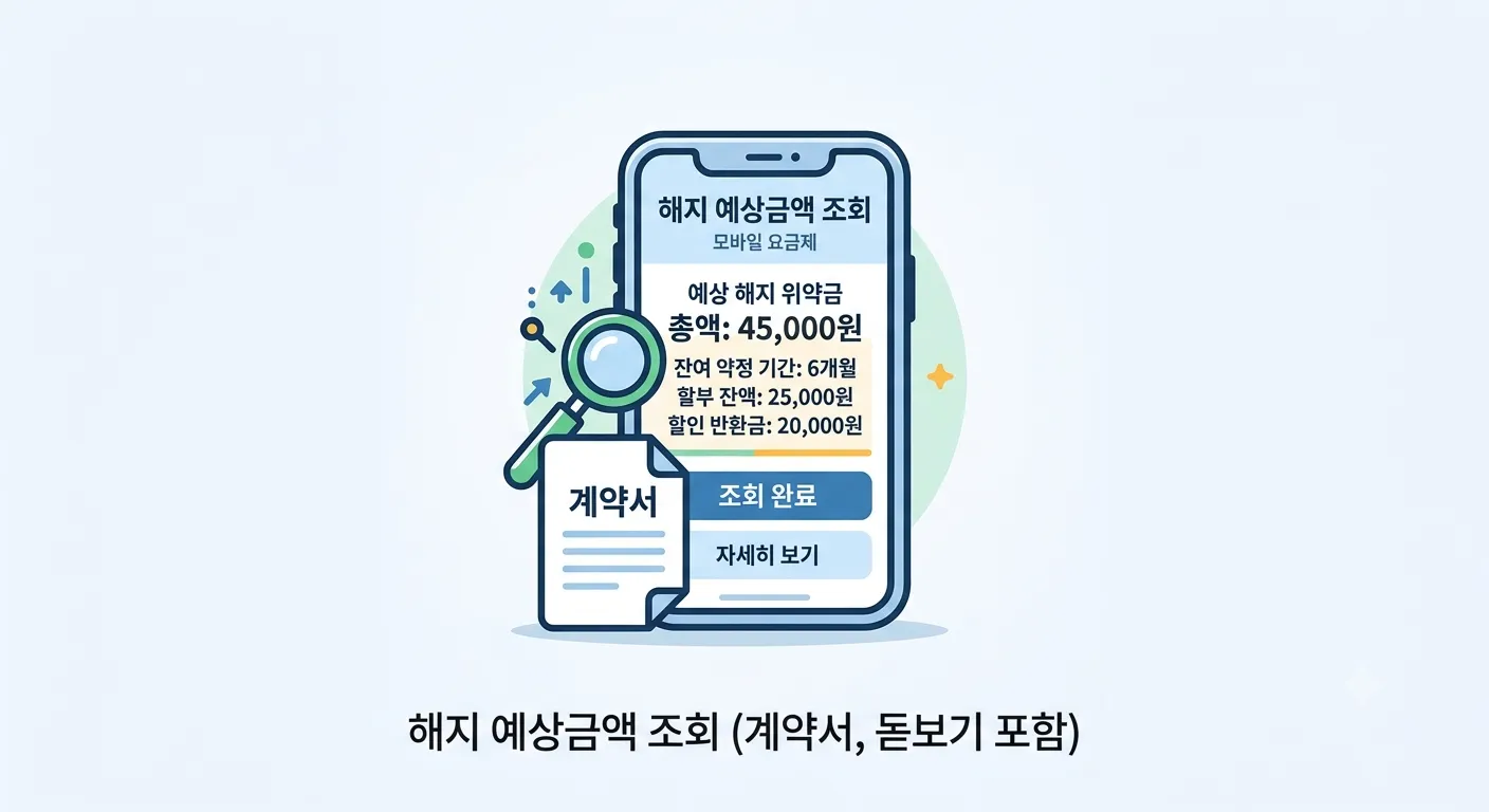 해지 예상금액을 조회하는 스마트폰 화면을 단순화한 아이콘 스타일 일러스트(계약서·돋보기 포함)