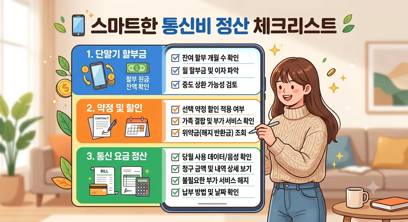 단말기 할부·약정·요금 정산 항목을 체크리스트 형태로 보여주는 간단한 생활정보 일러스트