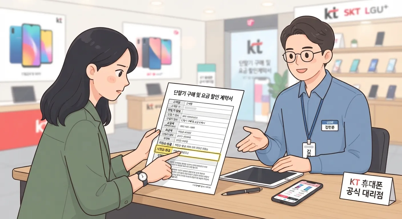 단말기 구매 상담 중 고객이 계약서의 '지원금·환급' 항목을 가리키며 확인하는 단순 일러스트.