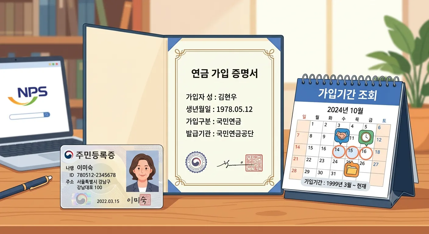 국민연금 모의계산 화면을 상징하는 간단한 일러스트(사람 아이콘과 돋보기, 계산기, 달러 모양 통화 아이콘)