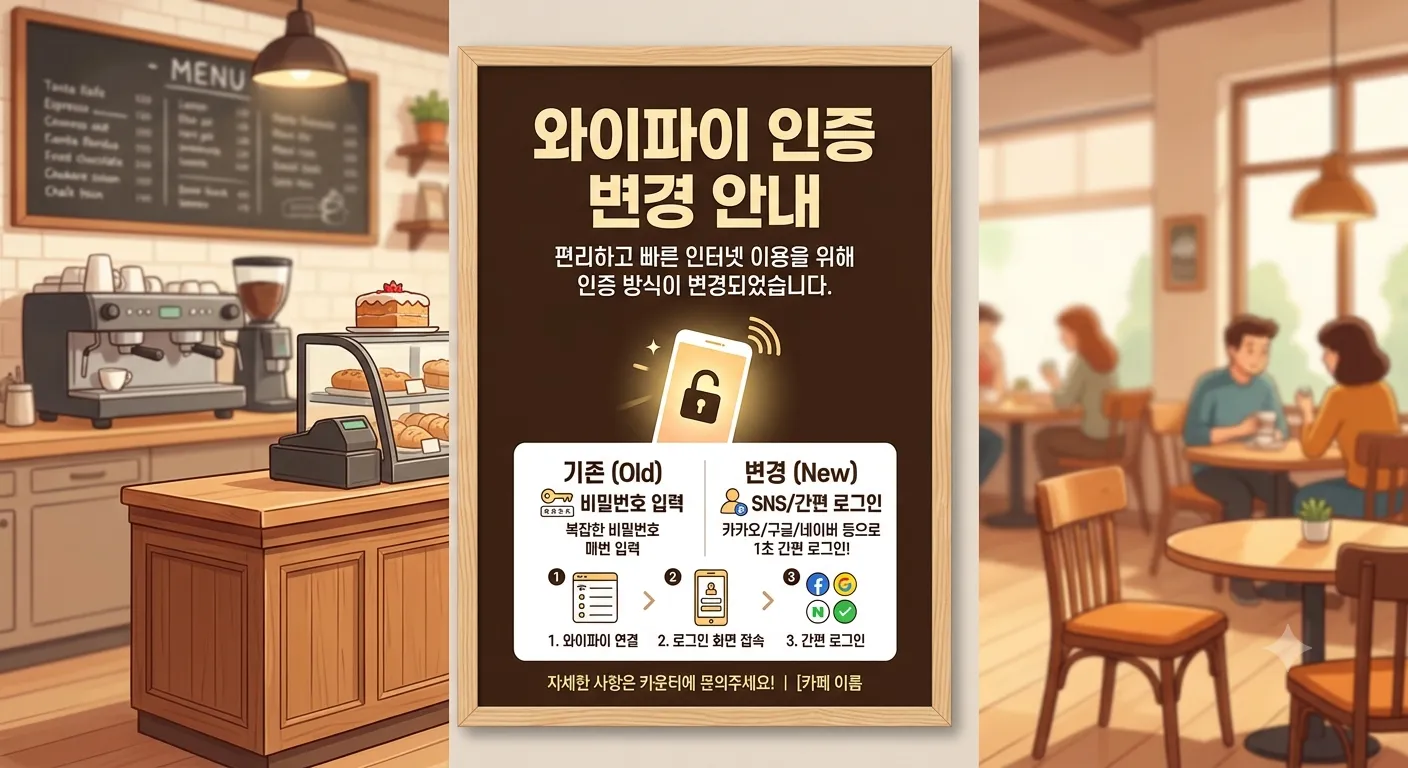 카페 계산대 옆에 붙은 '와이파이 인증 변경 안내' 간단 안내판 일러스트