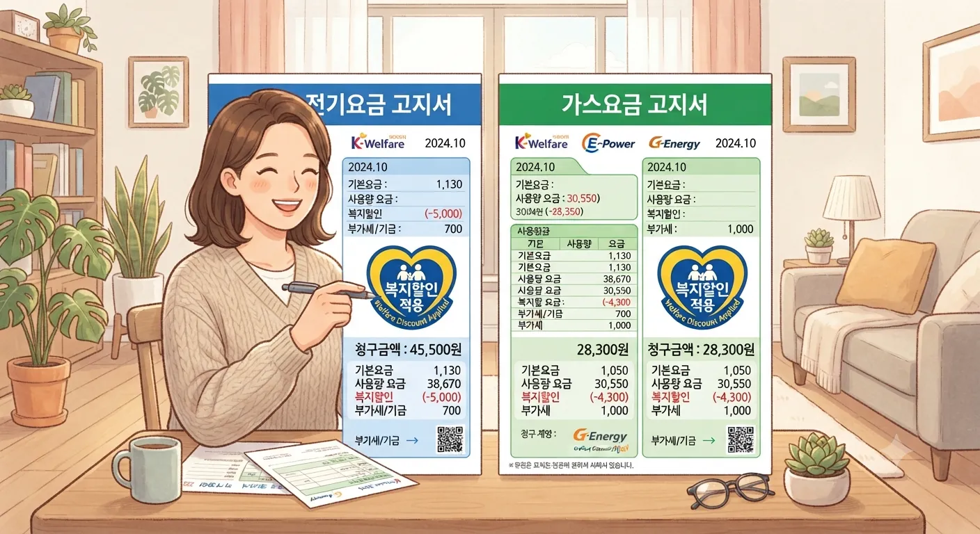 전기와 가스 요금 고지서에 복지표시가 있는 일러스트