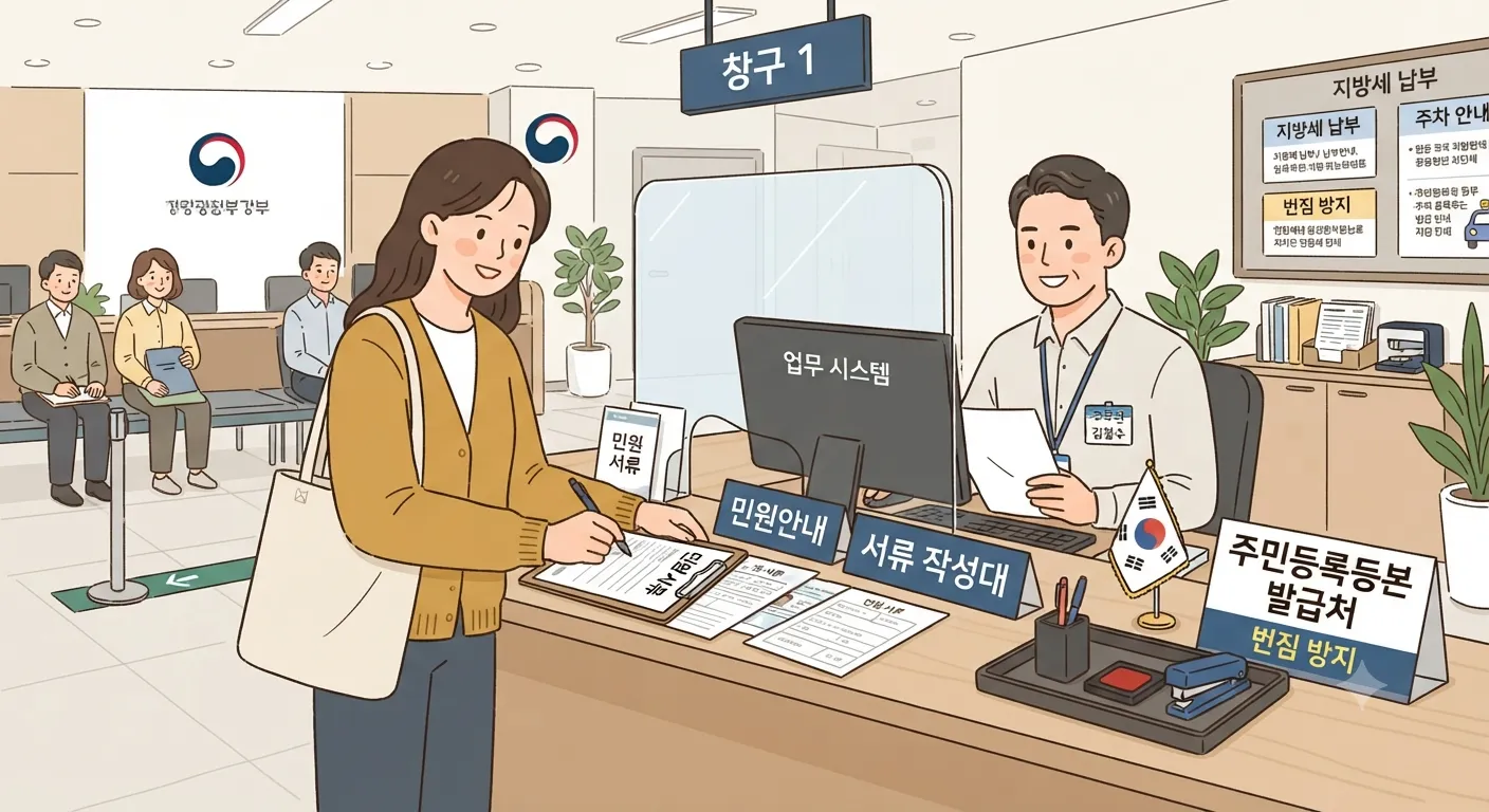 지자체 창구에서 서류를 준비하는 간단한 일러스트