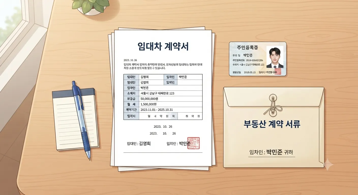 임대차 계약서와 신분증, 봉투에 담긴 서류들이 정리된 단순한 테이블 일러스트